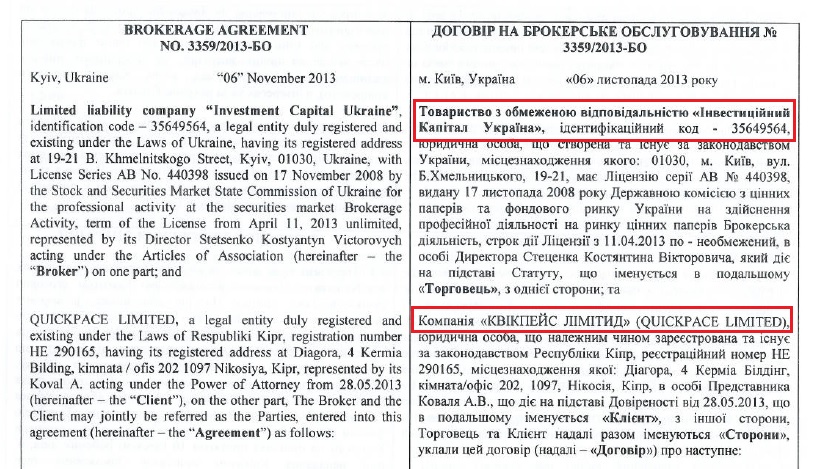 6 ноября 2013 года компания «Инвестиционный Капитал Украина» (ICU) и кипрская компания «Quickpace Limited» заключили договор на брокерское обслуживание №3359/2013-БО