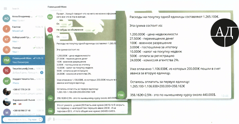 В дальнейшем Павицкий Максим пишет Продану что расходы на покупку одного дома составляют 1,26 млн. евро. Сума оказалась завышена по той причине, что дополнительно оплачивалось перемещение денег, военное разрешение, госпошлина, налог, регистрация и комиссия агентства.